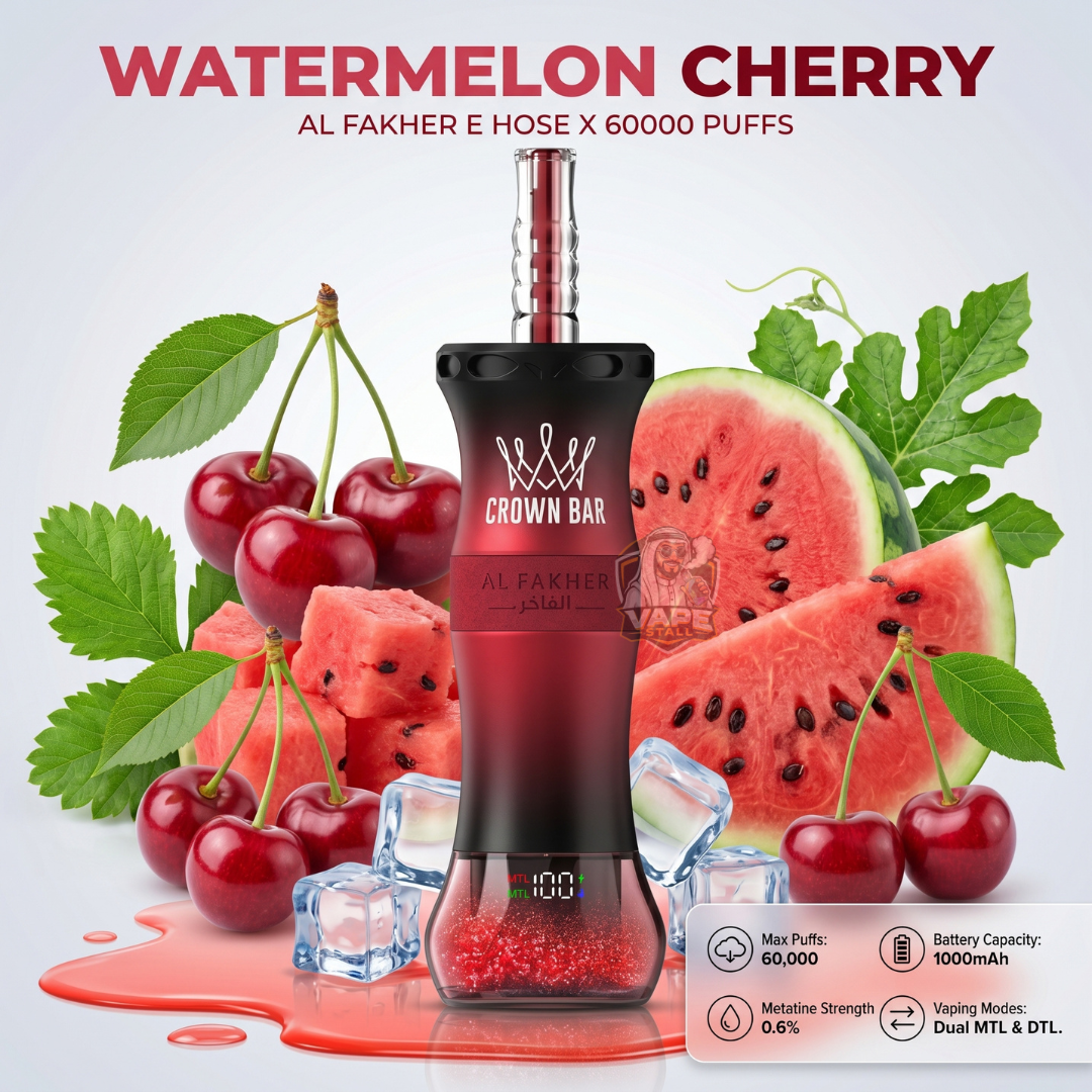 AlFakherEHoseX60000PuffsCrownBarHookahWatermelonCherry, Al Fakher vape device with watermelon and cherry theme on a light gray background