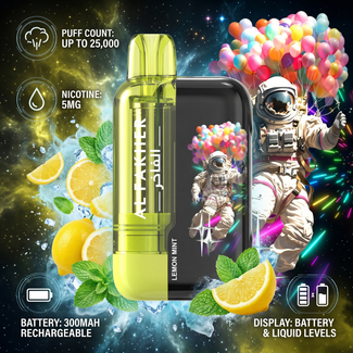AlFakherUltra25000PuffsLemonMint, Vape device with lemon and mint elements and an astronaut design on a colorful, space-themed background.