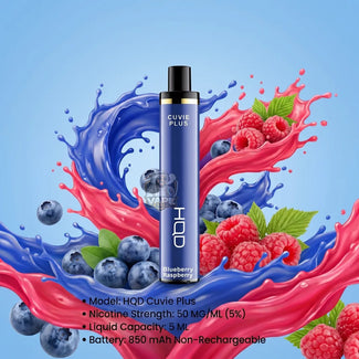 A Cuvie Plus HOD disposable vape device in blueberry raspberry flavor, set against a vibrant graphic background of red and blue liquid splashes with fresh raspberries and blueberries. Product specifications are listed at the bottom.