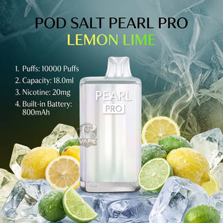 A Pearl Pro pod salt vape device in Lemon Lime flavor, surrounded by fresh limes, lemons, and ice cubes on a dark background with text detailing its specifications.