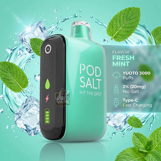A mint green and black Yuto Pod Salt vape device with 'Fresh Mint' flavor text and ice splash graphics on a teal background.