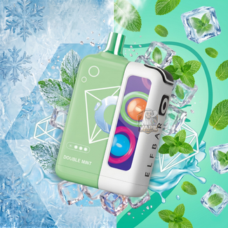 ELFBARJoinOneIce25000PuffsDoubleMint, Elf bar vape device with green case on a mint green background with ice cubes and mint leaves.