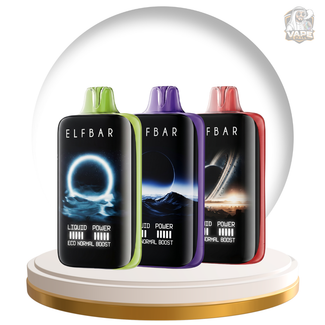 Elf bar Moon Night 40000 Puffs Vape 50mg in UAE, Three ELF BAR vape devices in black, purple, and red packaging under a clear dome.