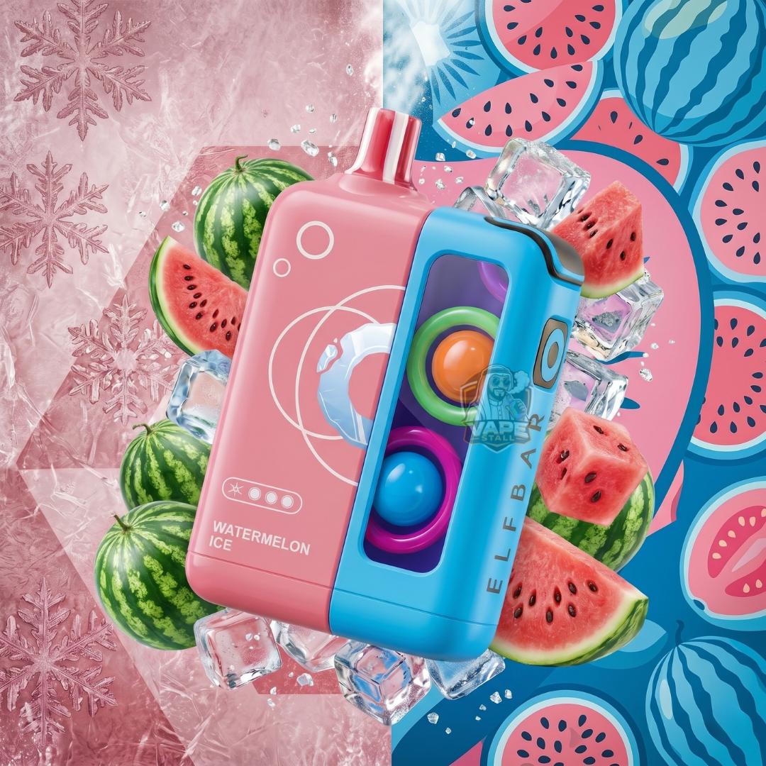 Elfbarjoinoneicekit25000puffs50mgWatermelonIceflavour, Pink and blue watermelon-themed electronic device with colorful buttons on a watermelon patterned background.
