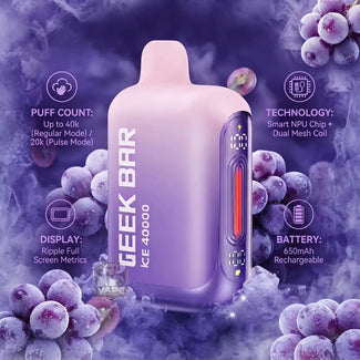 A Geek Bar Ice 40000 disposable vape device in a pastel pink-to-lavender gradient, surrounded by purple grape illustrations and text detailing its puff count, technology, display, and battery.