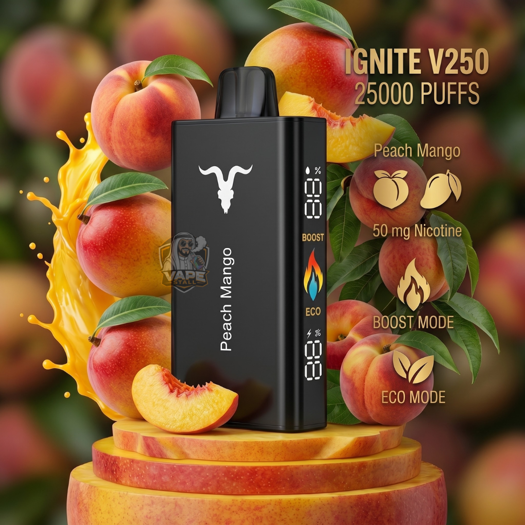 IGNITEV25025000puffs50mgPeachMango, Vape device with peach mango flavor on a background of peaches