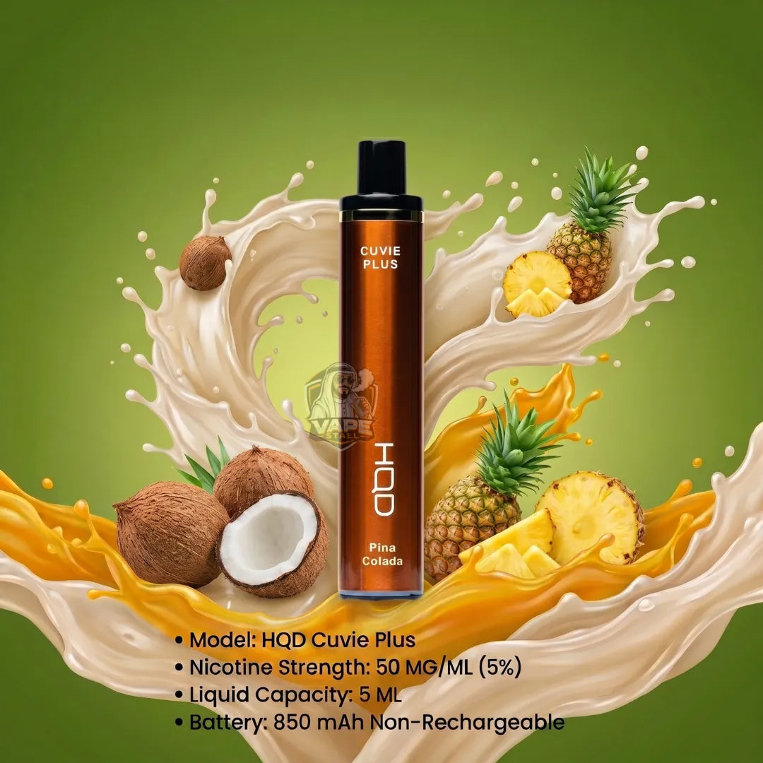 A vape device labeled 'Cuvie Plus' and 'HOD' stands in the center against a green background with stylized fruit and liquid splash graphics. The device appears amber-brown with a black mouthpiece and black base.