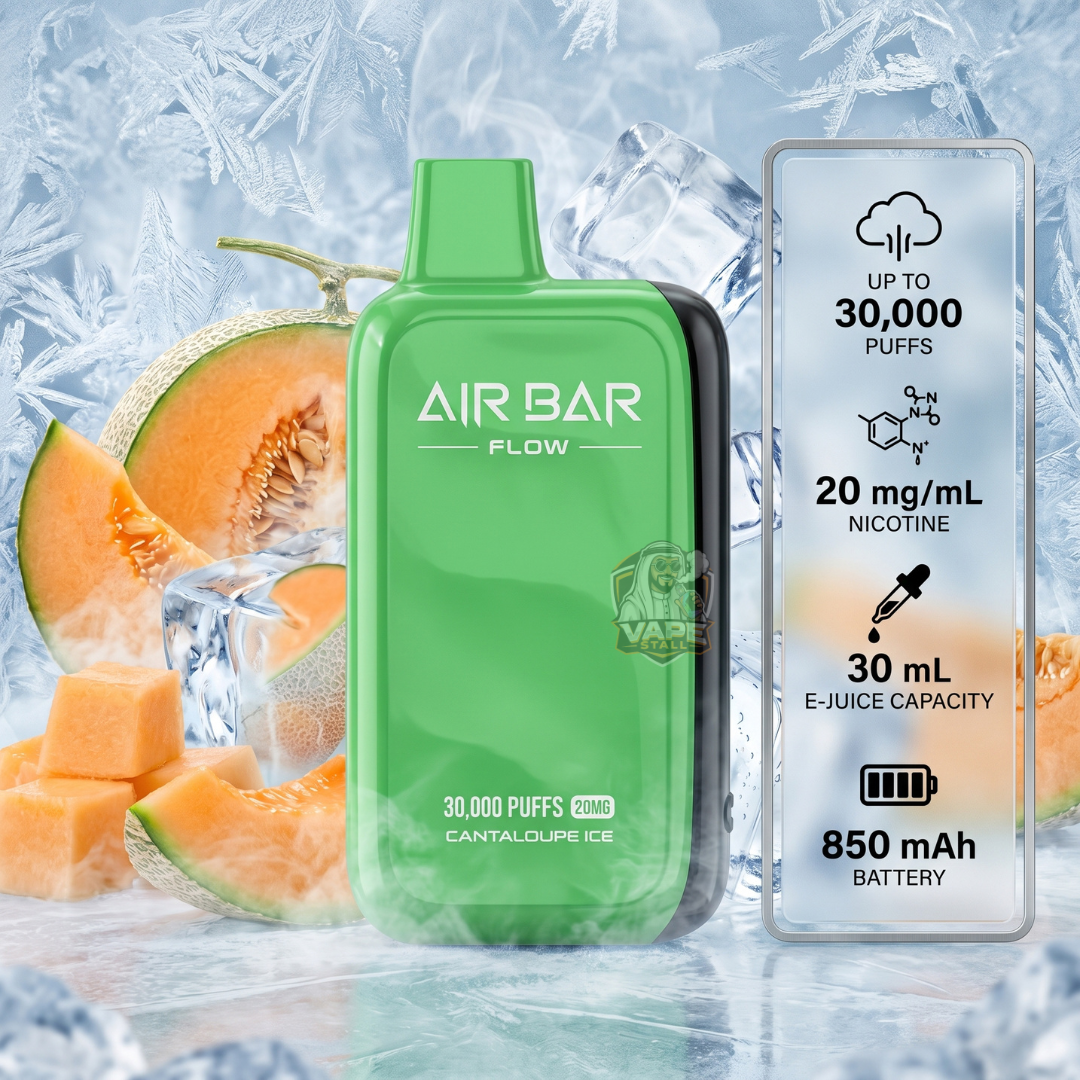 Airbar30000puffs20mgMtlCantalopeIce, Green Air Bar Flow vape device with cantaloupe ice flavor on a icy background