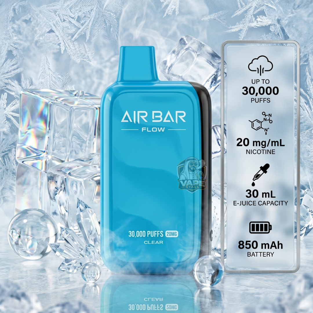 Airbar30000puffs20mgMtlClear, Blue Air Bar Flow vape device with specifications on a icy background