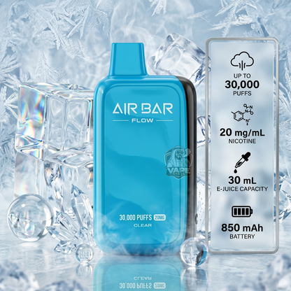Airbar30000puffs20mgMtlClear, Blue Air Bar Flow vape device with specifications on a icy background