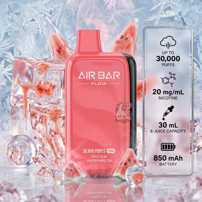 Airbar30000puffs20mgMtlFrozenWatermelon, Pink Air Bar Flow vape device with watermelon flavor and specifications on a icy background