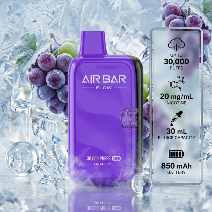 Airbar30000puffs20mgMtlGrapeIce, Purple Air Bar Flow vape device with grape ice flavor on a icy background