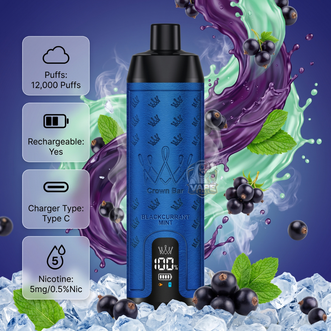 AlFakherCrownBar12000Puffs5MGBlackcurrantMint, Blue vape device with blackcurrants and mint leaves on a colorful background