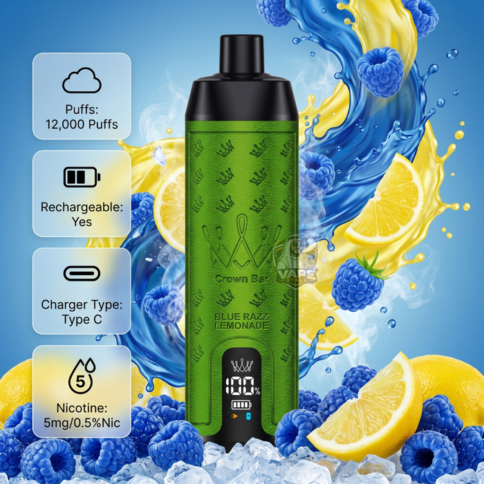 AlFakherCrownBar12000Puffs5MGBlueRazzLemonade, Green vape device with blue and yellow fruit graphics on a blue background