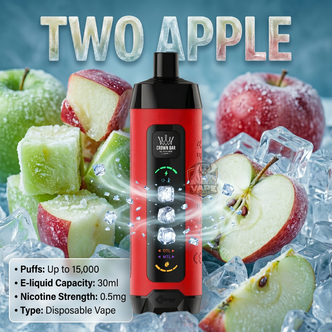 AlFakherCrownBarIceAdjustDisposable15000PuffsTWOAPPLE, Red disposable vape with ice and apples on a blue background, labeled 'Two Apple'.