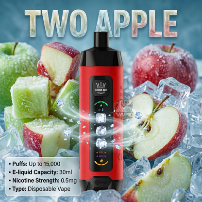 AlFakherCrownBarIceAdjustDisposable15000PuffsTWOAPPLE, Red disposable vape with ice and apples on a blue background, labeled 'Two Apple'.