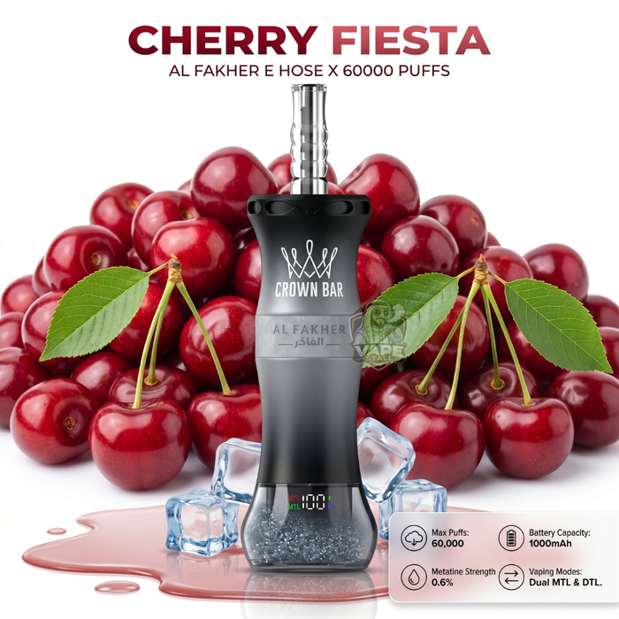 AlFakherEHoseX60000PuffsCrownBarHookahCherryFieasta, Crown Bar vape device with cherry and ice elements on a white background