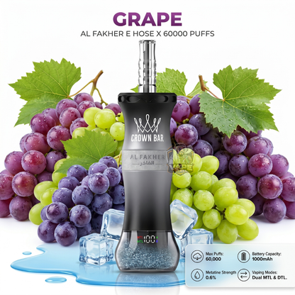 AlFakherEHoseX60000PuffsCrownBarHookahGrape, Al Fakher vape device with grapes and ice cubes on a white background