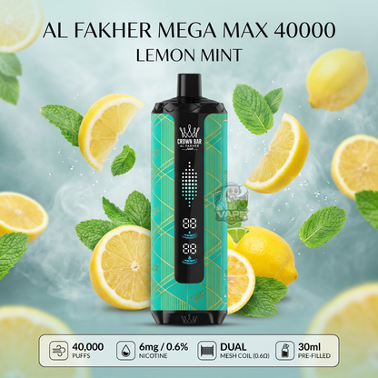 AlFakherMegaMax40000LemonMint, Vape device with lemon and mint leaves on a light blue background