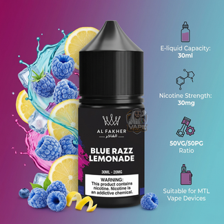 AlFakherSaltNicotine30mgE-LiquidBlueRazzLemonade, Al Fakher Blue Razz Lemonade e-liquid bottle with colorful fruit graphics on a gradient background