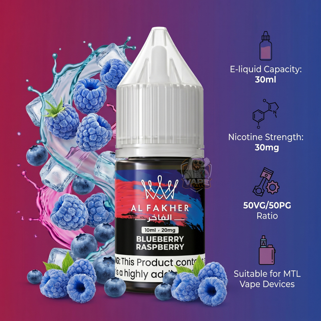 AlFakherSaltNicotine30mgE-LiquidBlueberryRaspberry, Al Fakher Blueberry Raspberry e-liquid bottle with blueberries and ice on a gradient background