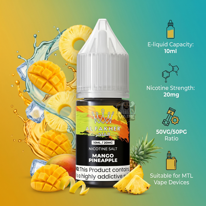 AlFakherSaltNicotine30mgE-LiquidMangoPineapple, Al Fakher Mango Pineapple e-liquid bottle with fruit graphics on a gradient background