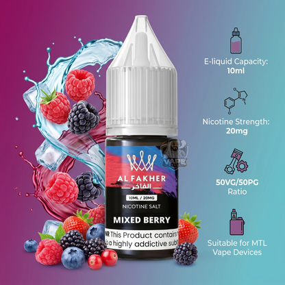 AlFakherSaltNicotine30mgE-LiquidMixedBerries, Al Fakher Mixed Berry e-liquid bottle with fruit graphics and product details on a gradient background