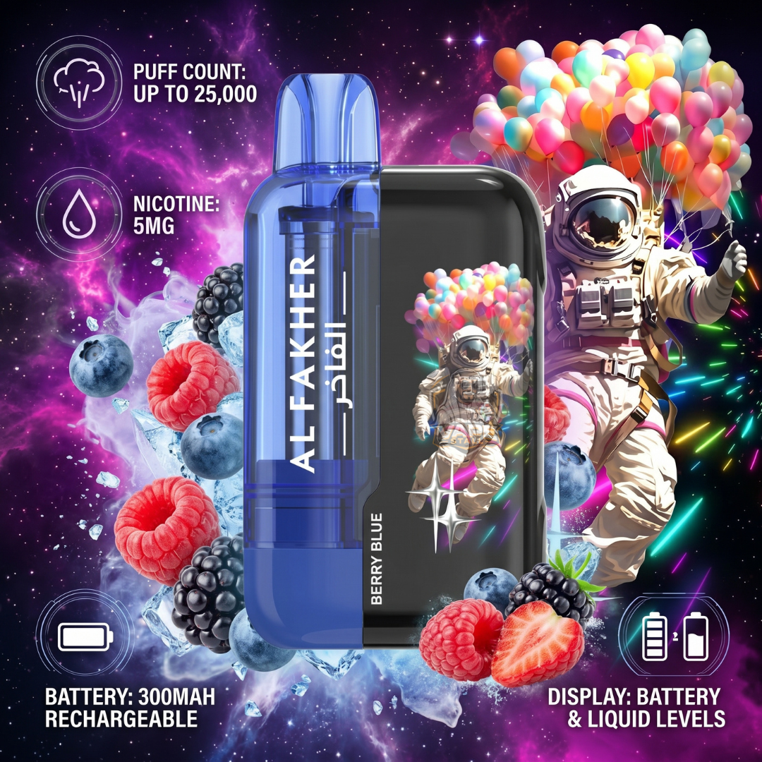 AlFakherUltra25000PuffsMixedBerry, Vape device with space-themed design and colorful elements on a vibrant background