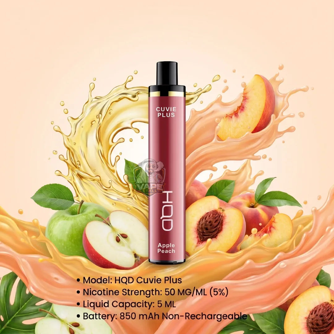 A Cuvie Plus disposable vape device in Apple Peach flavor, shown against a peach-colored background with graphic splashes of peach and apple juice and illustrations of sliced peaches and apples. Product specifications are listed at the bottom.