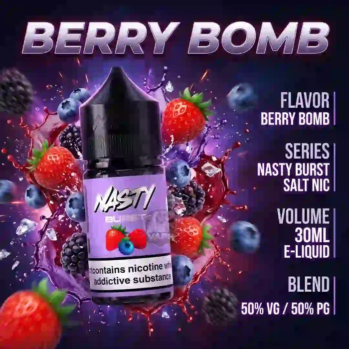 A 30ml bottle of NASTY BERRY BOMB e-liquid centered on a dark, dynamic background with strawberries, blueberries, and blackberries splashing around it. White text on the right lists flavor, series, volume, and blend details.