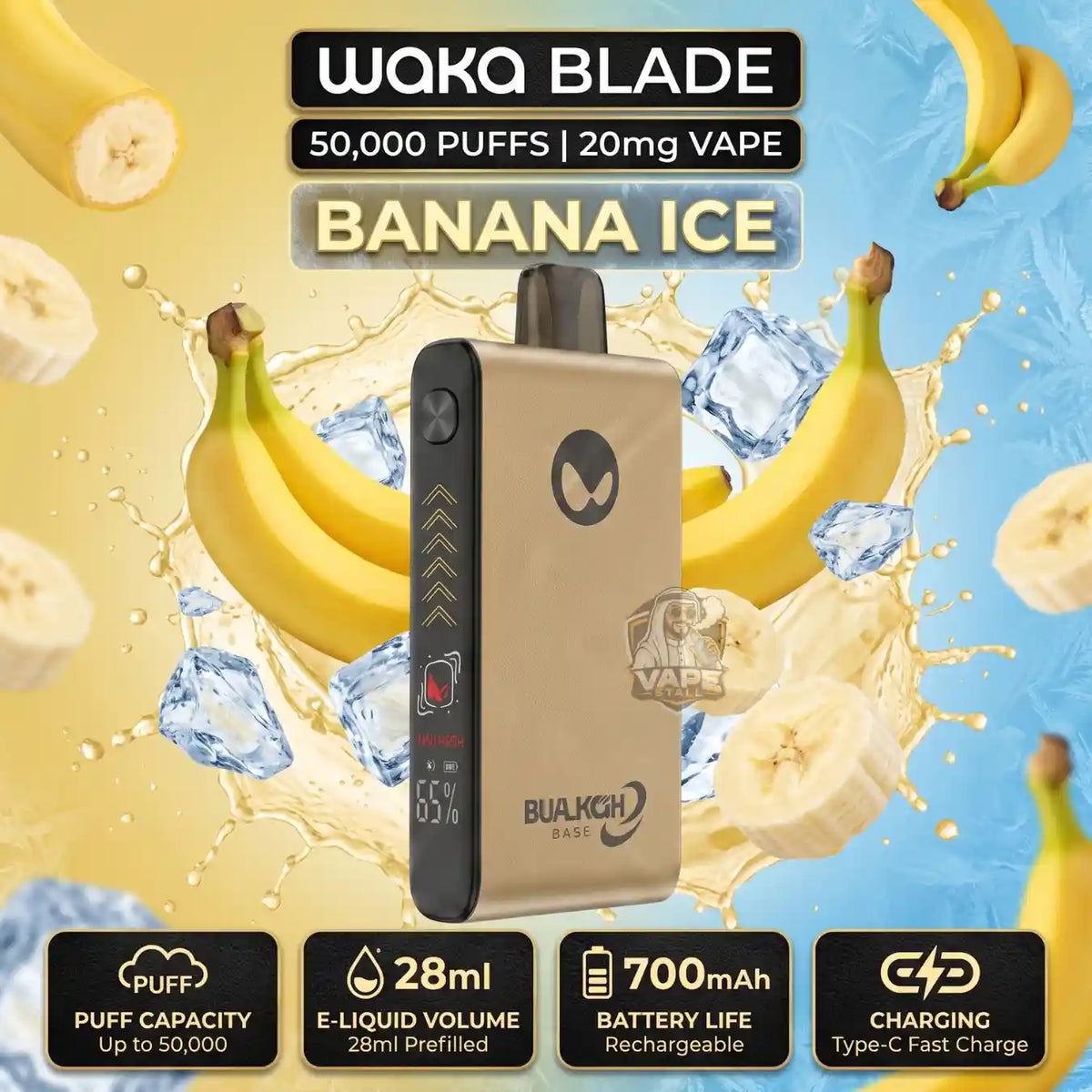 A promotional product graphic for a Wokq Blade disposable vape in Banana Ice flavor. The vape device is shown in the center, with banana slices, ice cubes, and banana splashes in the background.