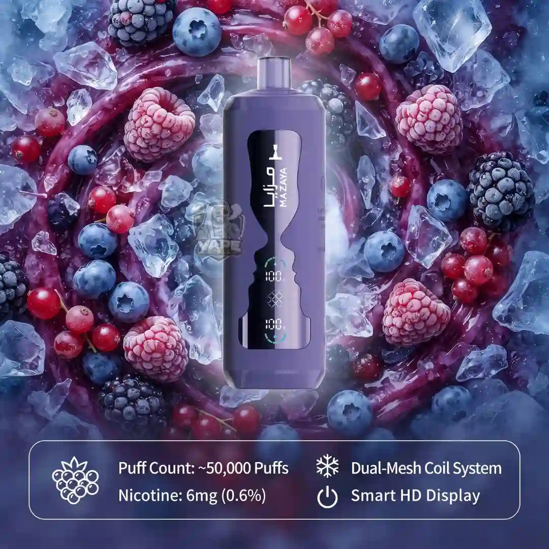 A purple disposable vape device centered on a stylized background of berries, ice, and purple fruit slices. Text at the bottom lists features: Puff Count ~50,000 Puffs, Nicotine 6mg (0.