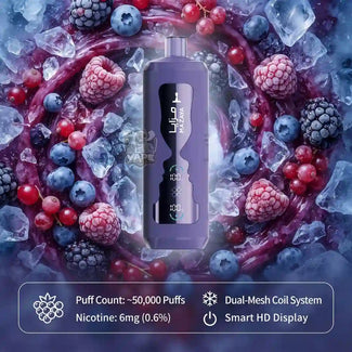 A purple disposable vape device centered on a stylized background of berries, ice, and purple fruit slices. Text at the bottom lists features: Puff Count ~50,000 Puffs, Nicotine 6mg (0.