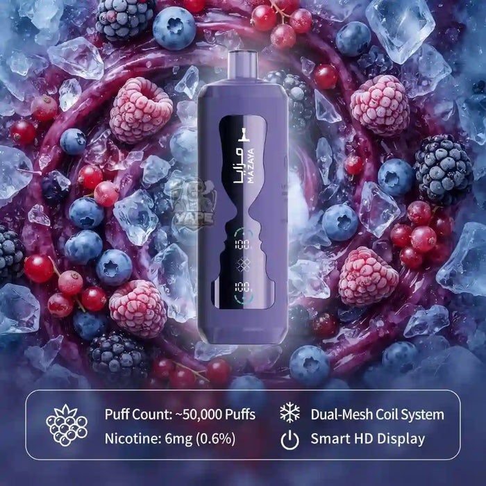 A purple disposable vape device centered on a stylized background of berries, ice, and purple fruit slices. Text at the bottom lists features: Puff Count ~50,000 Puffs, Nicotine 6mg (0.