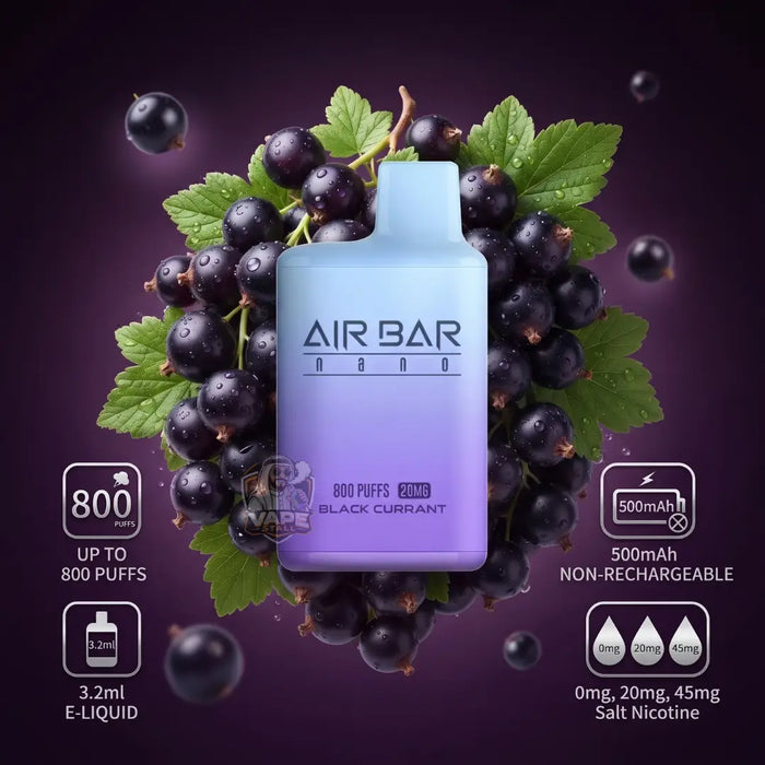 AIR BAR Nano disposable vape device in black currant flavor, featuring a light blue to purple gradient body, surrounded by fresh black currants and green leaves on a dark purple background with feature icons.