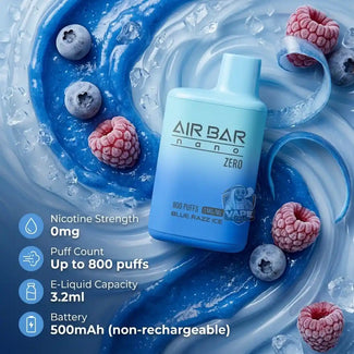 A bottle of AIR BAR nano ZERO e-liquid in the Blue Razz Ice flavor, styled on a swirling blue liquid background with ice cubes, blueberries, and raspberries. Infographic text on the left lists product specifications: 0mg nicotine strength, up to 800 puffs, 3.