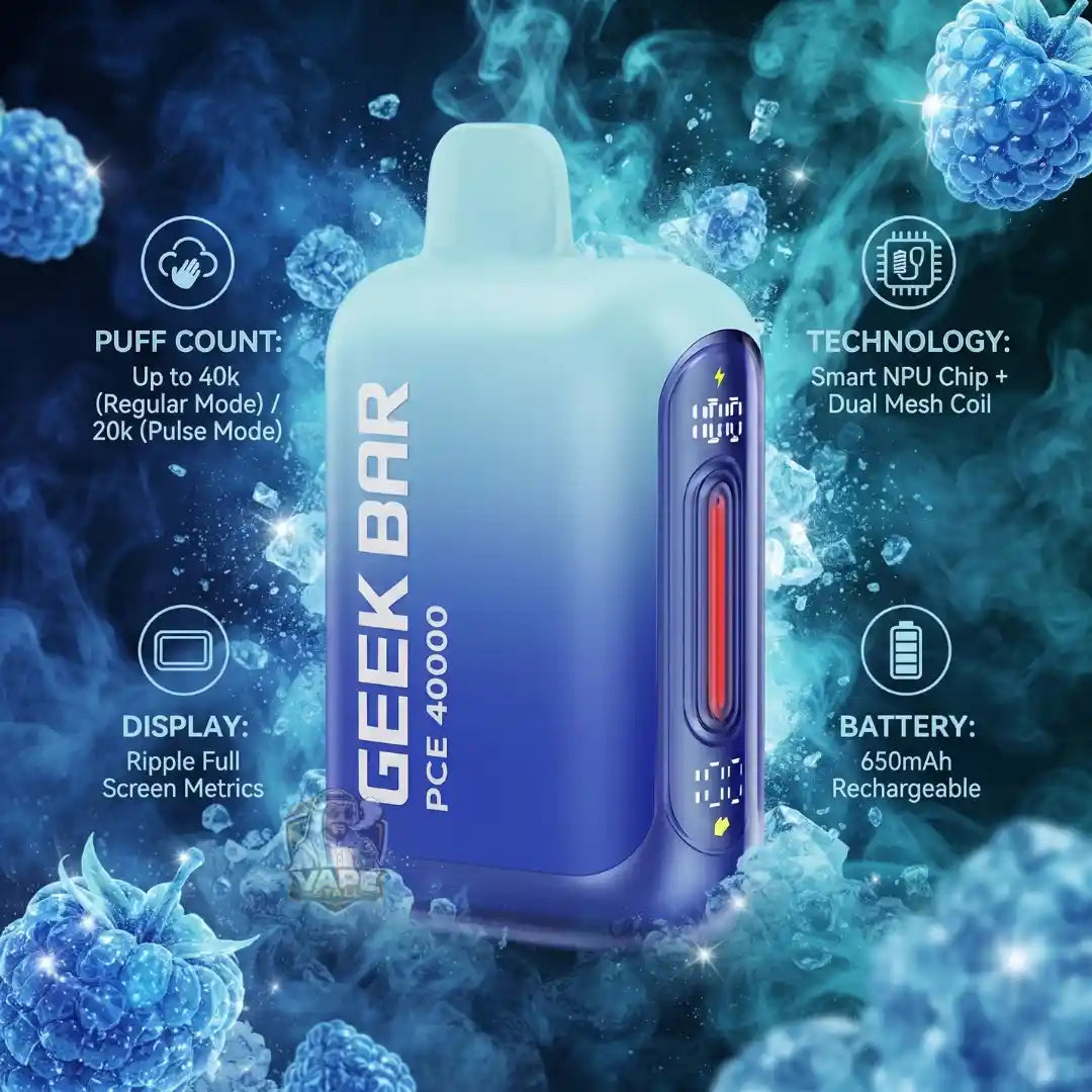 A Geek Bar PCE 40000 disposable vape device with a frosted white and blue gradient body, purple side panel, and red display window, set against a dark blue smoky background with floating blue berries and text callouts detailing its features.