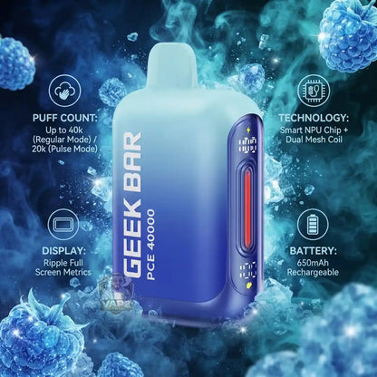 A Geek Bar PCE 40000 disposable vape device with a frosted white and blue gradient body, purple side panel, and red display window, set against a dark blue smoky background with floating blue berries and text callouts detailing its features.