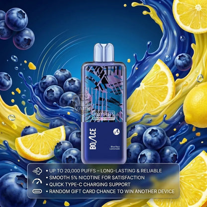 A vape device labeled BO/ACE by CoolPuffs, shown centered against a dynamic blue background with lemon and blueberry graphics and promotional text at the bottom.