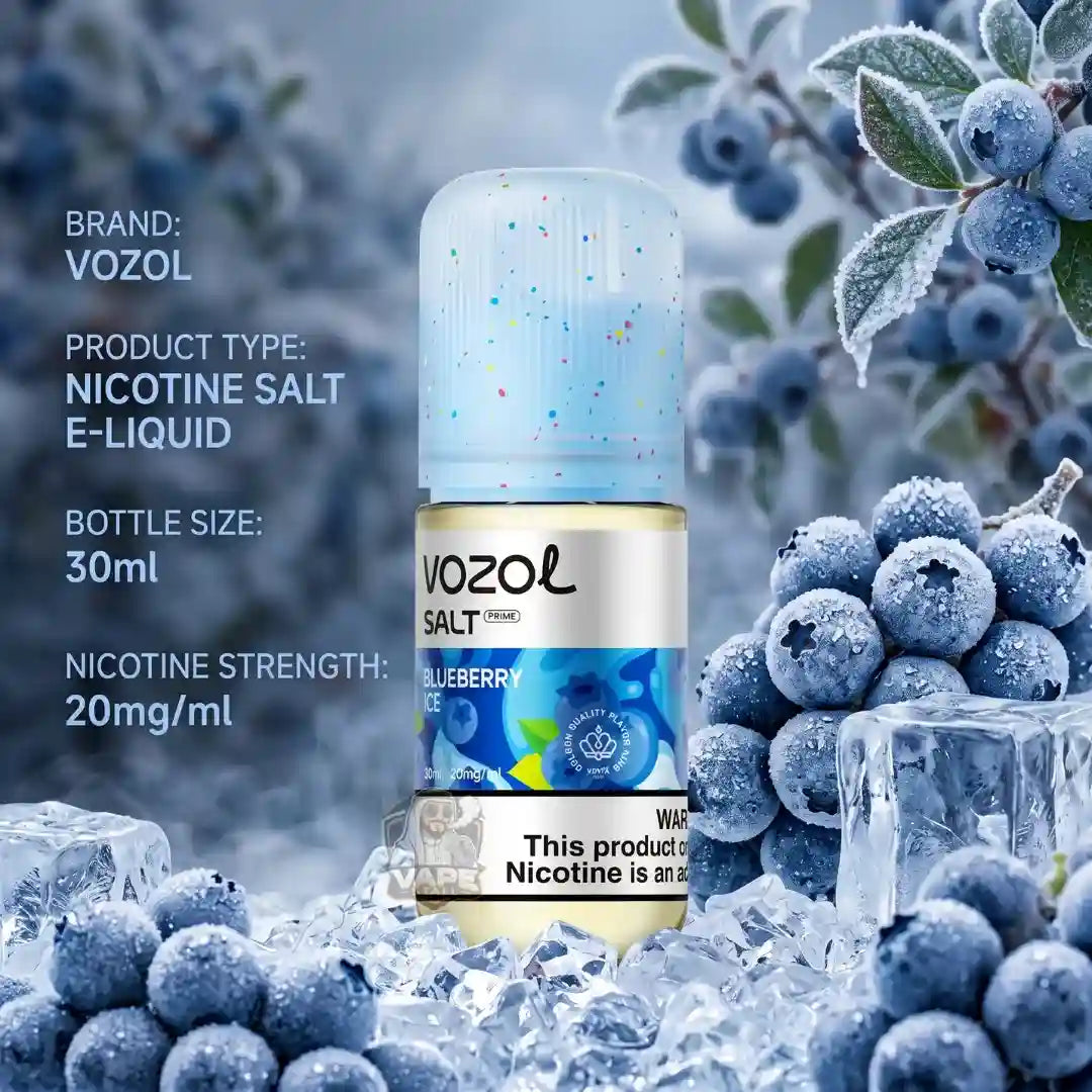 Vozol Salt Blueberry nicotine salt e-liquid bottle centered on a frosty blueberry and ice background, with product details text on the left side.