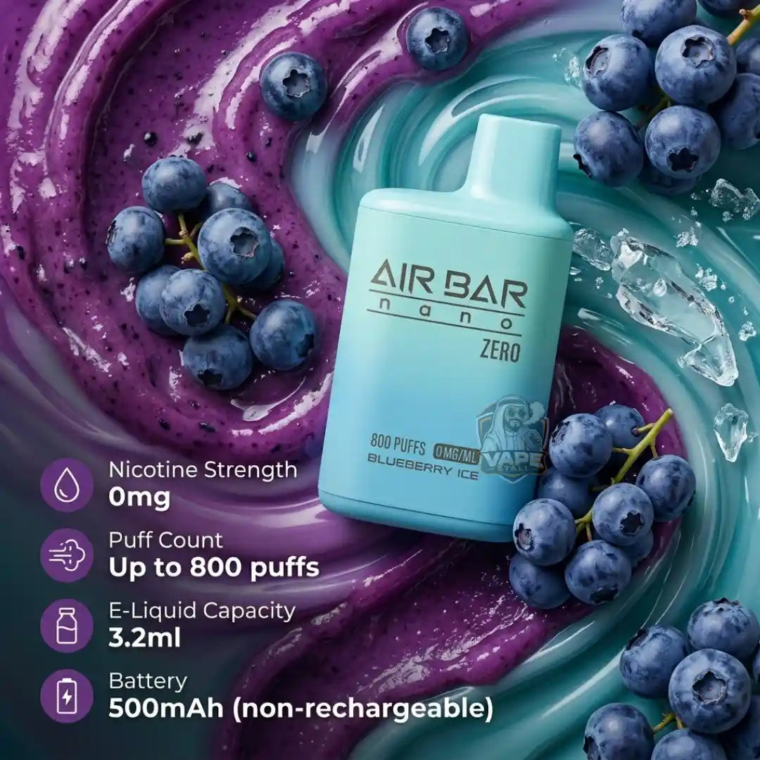 Air Bar Nano Zero e-liquid bottle in blueberry ice flavor, surrounded by blueberries and purple/teal swirled liquid with product specs listed on the left.