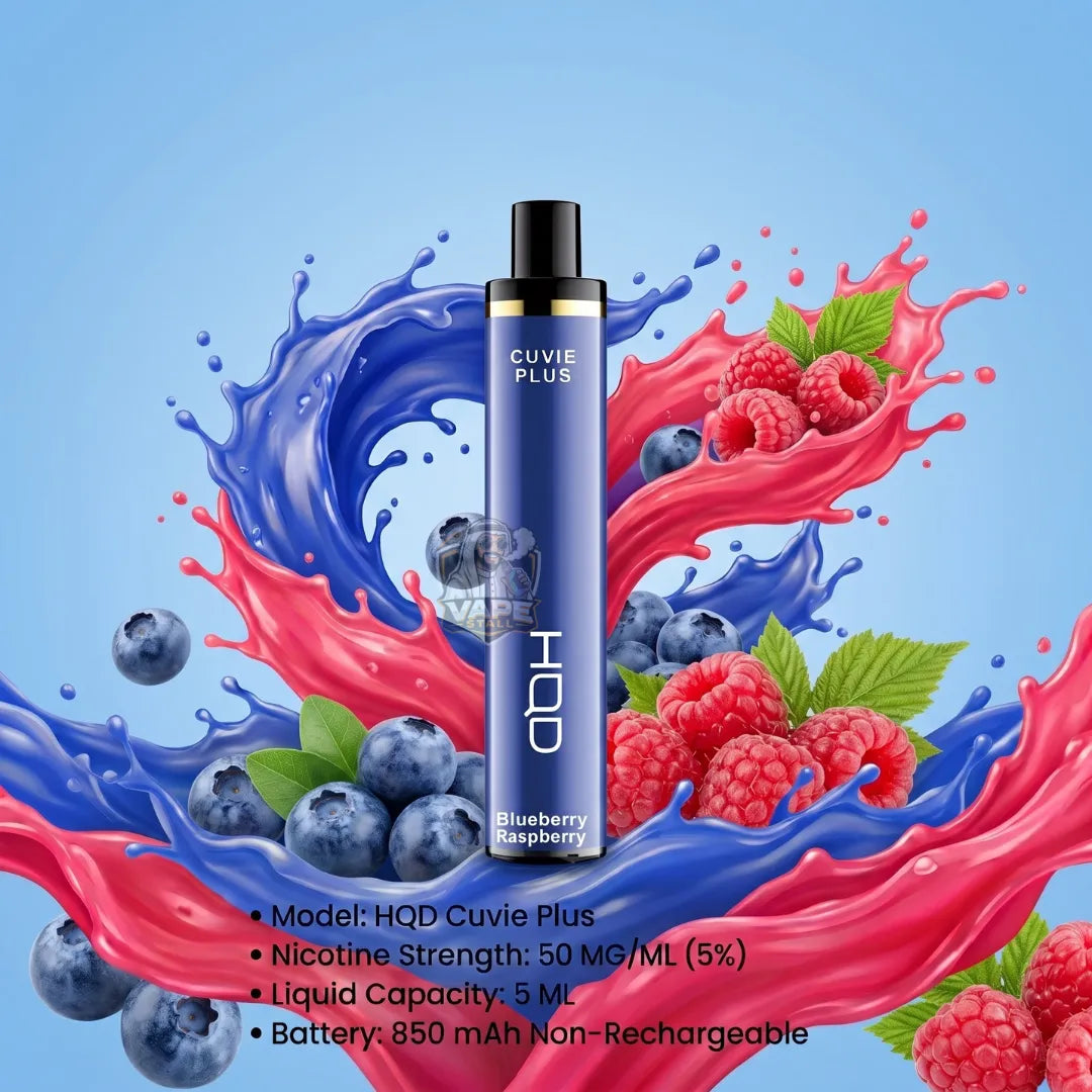 A Cuvie Plus HOD disposable vape device in blueberry raspberry flavor, set against a vibrant graphic background of red and blue liquid splashes with fresh raspberries and blueberries. Product specifications are listed at the bottom.