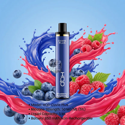A Cuvie Plus HOD disposable vape device in blueberry raspberry flavor, set against a vibrant graphic background of red and blue liquid splashes with fresh raspberries and blueberries. Product specifications are listed at the bottom.
