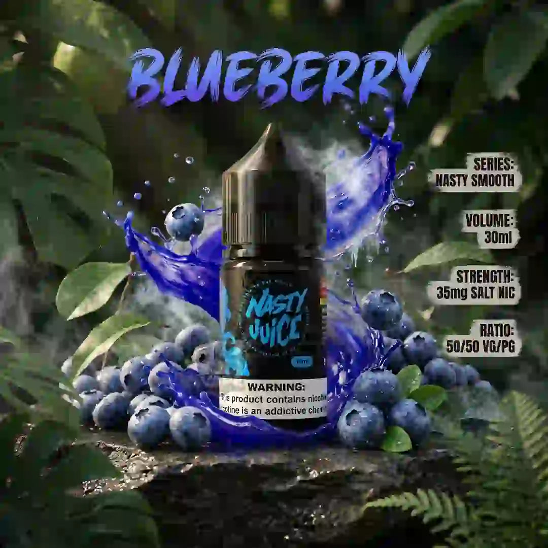 A bottle of Nasty Smooth Blueberry e-liquid centered against a lush green and blue berry-themed background with text overlays showing volume, strength, and ratio details.