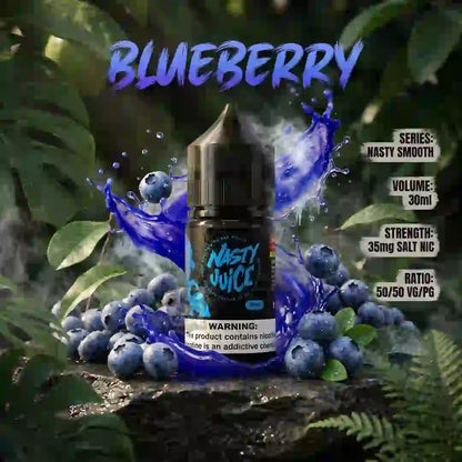 A bottle of Nasty Smooth Blueberry e-liquid centered against a lush green and blue berry-themed background with text overlays showing volume, strength, and ratio details.