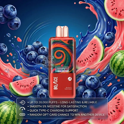 A BOvACE disposable vape device with a red and orange swirl pattern, surrounded by a dynamic background of blue liquid splashes, blueberries, and watermelon slices. A feature list overlay is at the bottom.