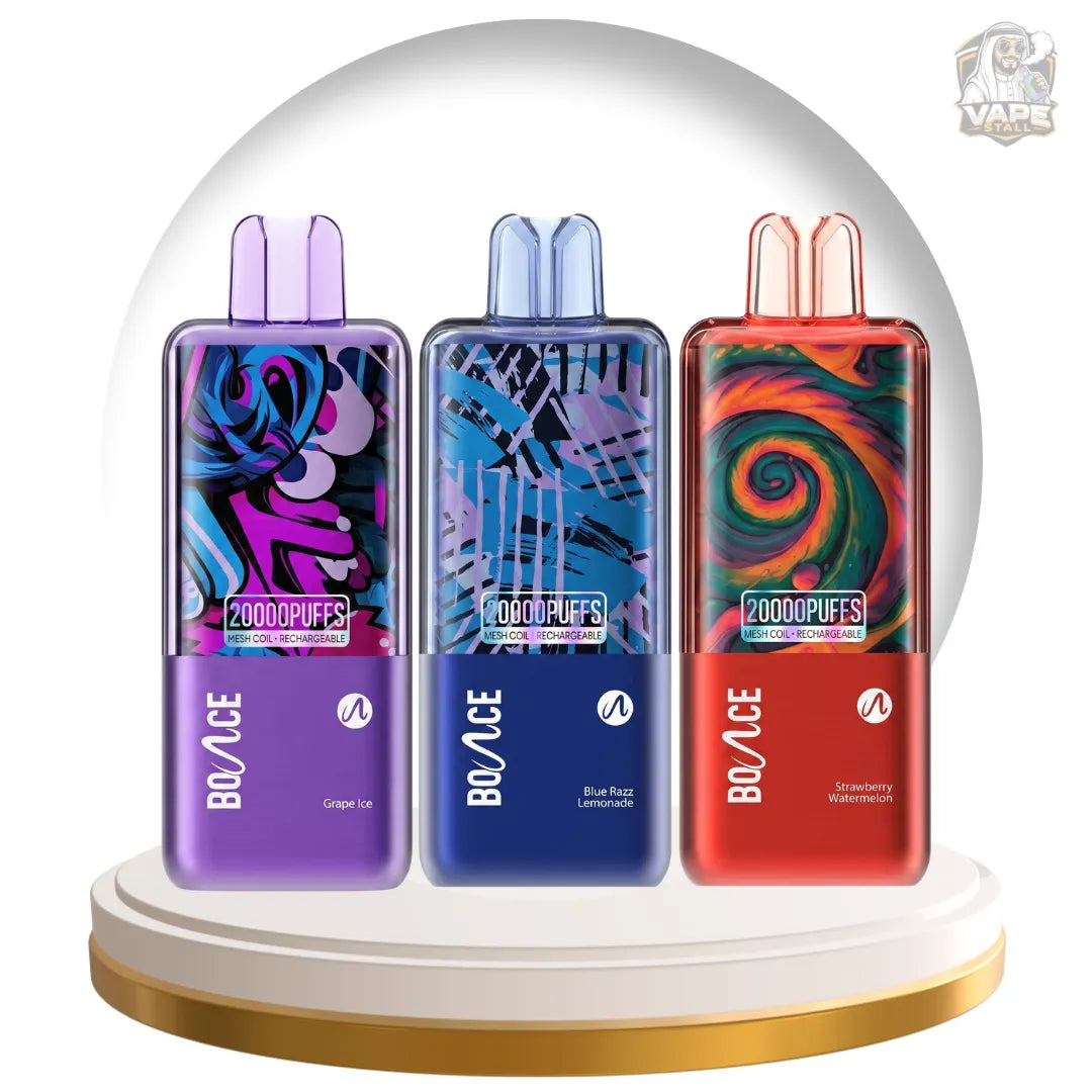 Three BO/ICE disposable vape devices displayed side by side on a white and gold circular pedestal. The left device is purple with a colorful graffiti-style pattern and the text 'Grape Ice'.