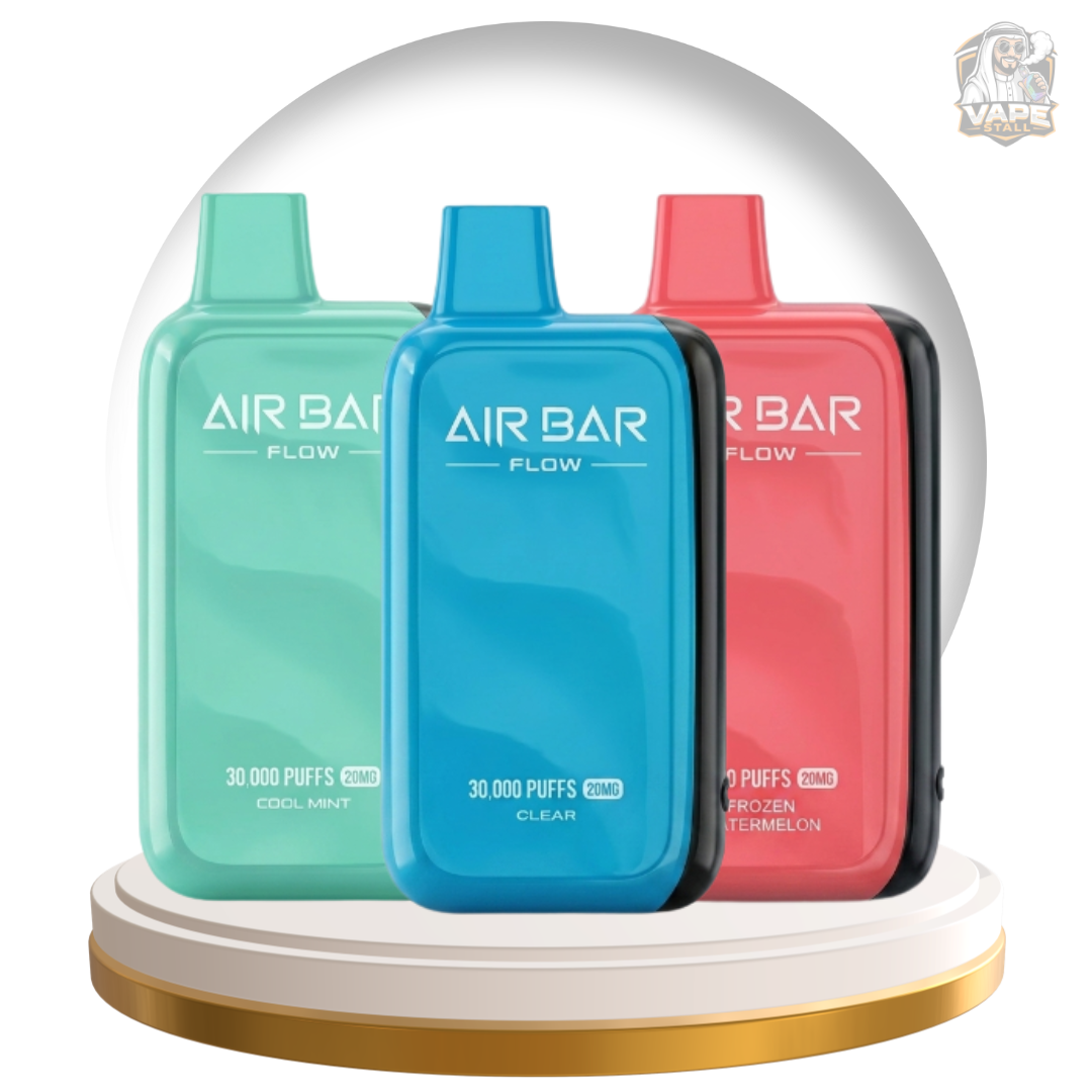 Buy Air Bar Flow 30000 Puff 20mg Disposable Vape in UAE, Three Air Bar Flow vape devices in different colors on a white background