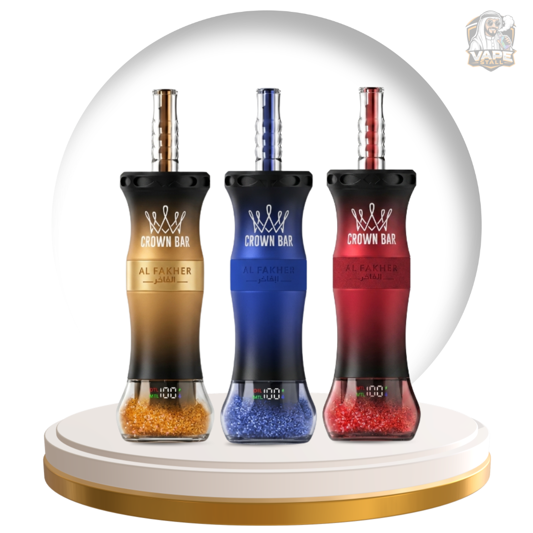 Buy Al Fakher Crown Bar E Hose X 60000 puff 6mg vape, Three vape devices with gradient colors and 'Crown Bar' branding on a white background.