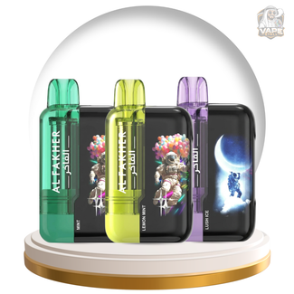 Buy Al Fakher crown bar ultra 25000 puff 5mg in UAE, Three vape devices with colorful packaging on a white background